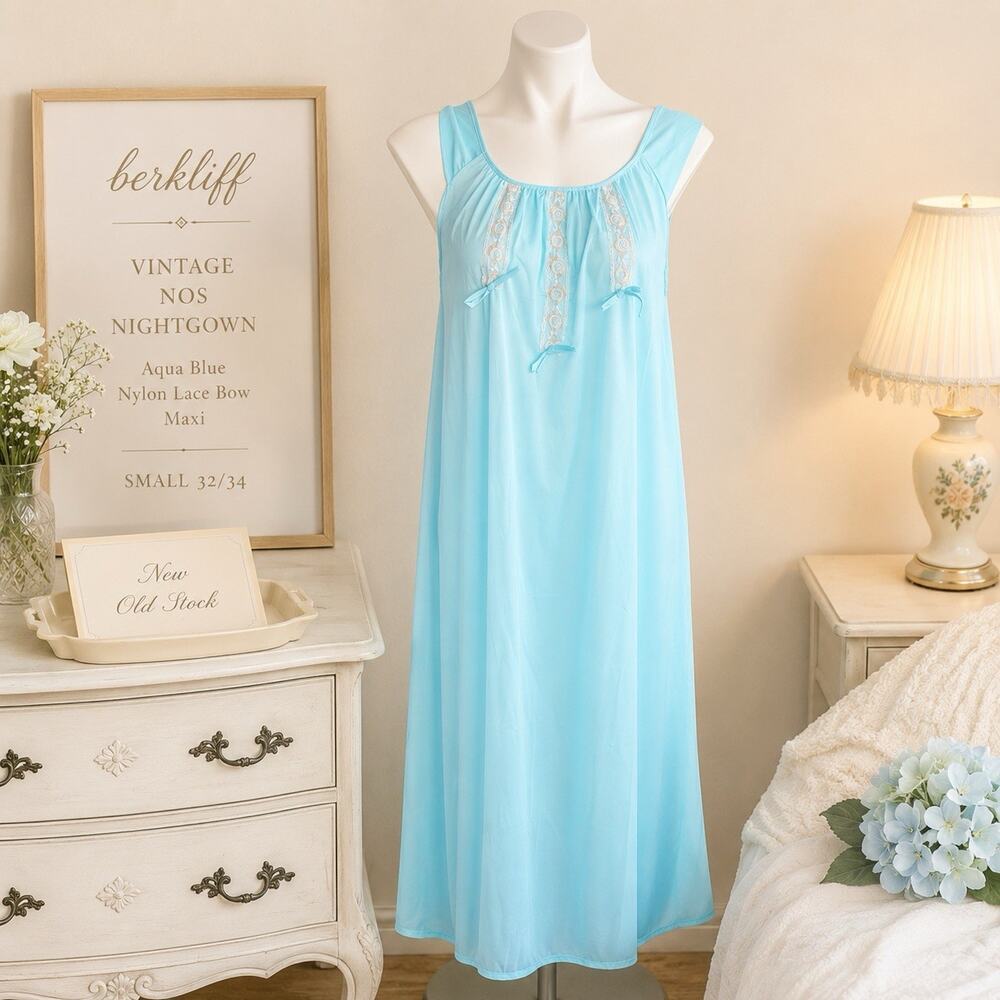 Berkliff Vintage NOS Nightgown Aqua Blue Nylon Lace Bow Maxi Small 32/34